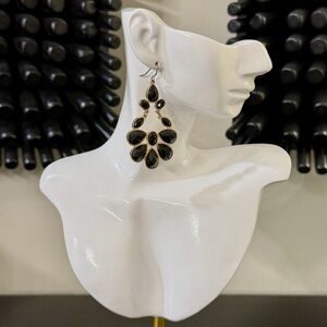 Gold Black Onyx Teardrop Chandelier Statement Earrings